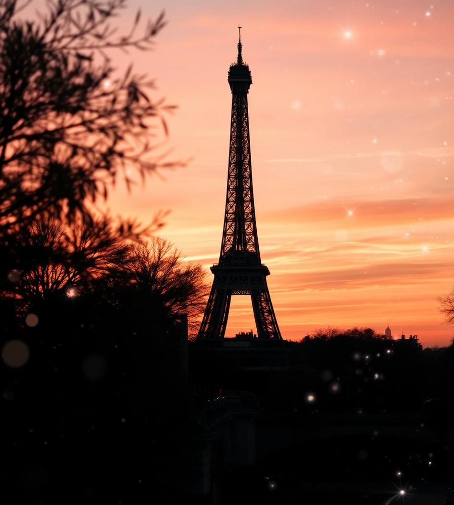 Paris skyline at sunset, sparkling travel keepsake